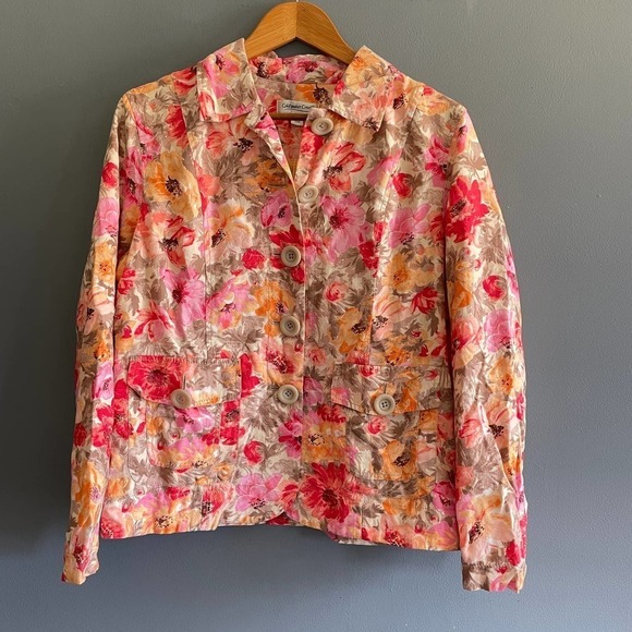 Coldwater Creek Women's Floral Jacket 10 10P Large Button Pink Tan - Picture 2 of 6